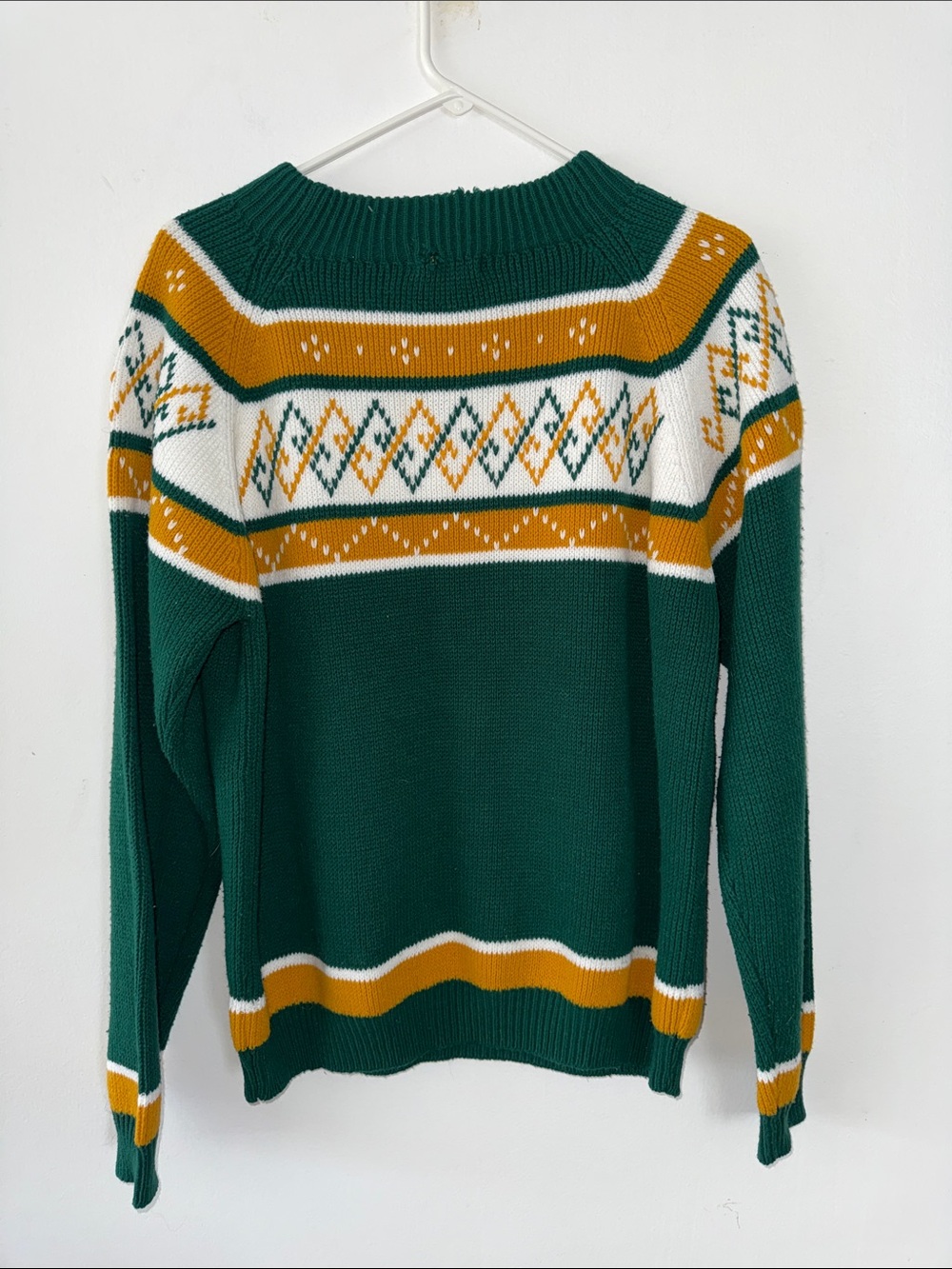 Vintage 1970s Nordic Ski Sweater Green Gold White Geometric Fair Isle Large - Picture 3 of 6
